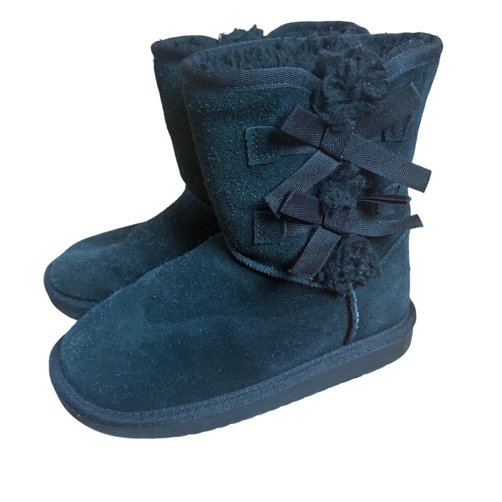 Koolaburra black suede bow‎ side slip on fleece lined calf girls boots SIZE 12